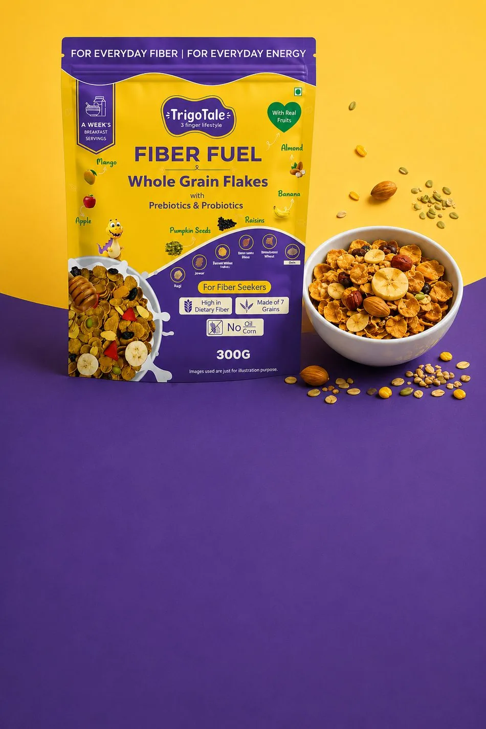 TrigoTale Fiber Fuel whole grain flakes pack beside a bowl of cereal