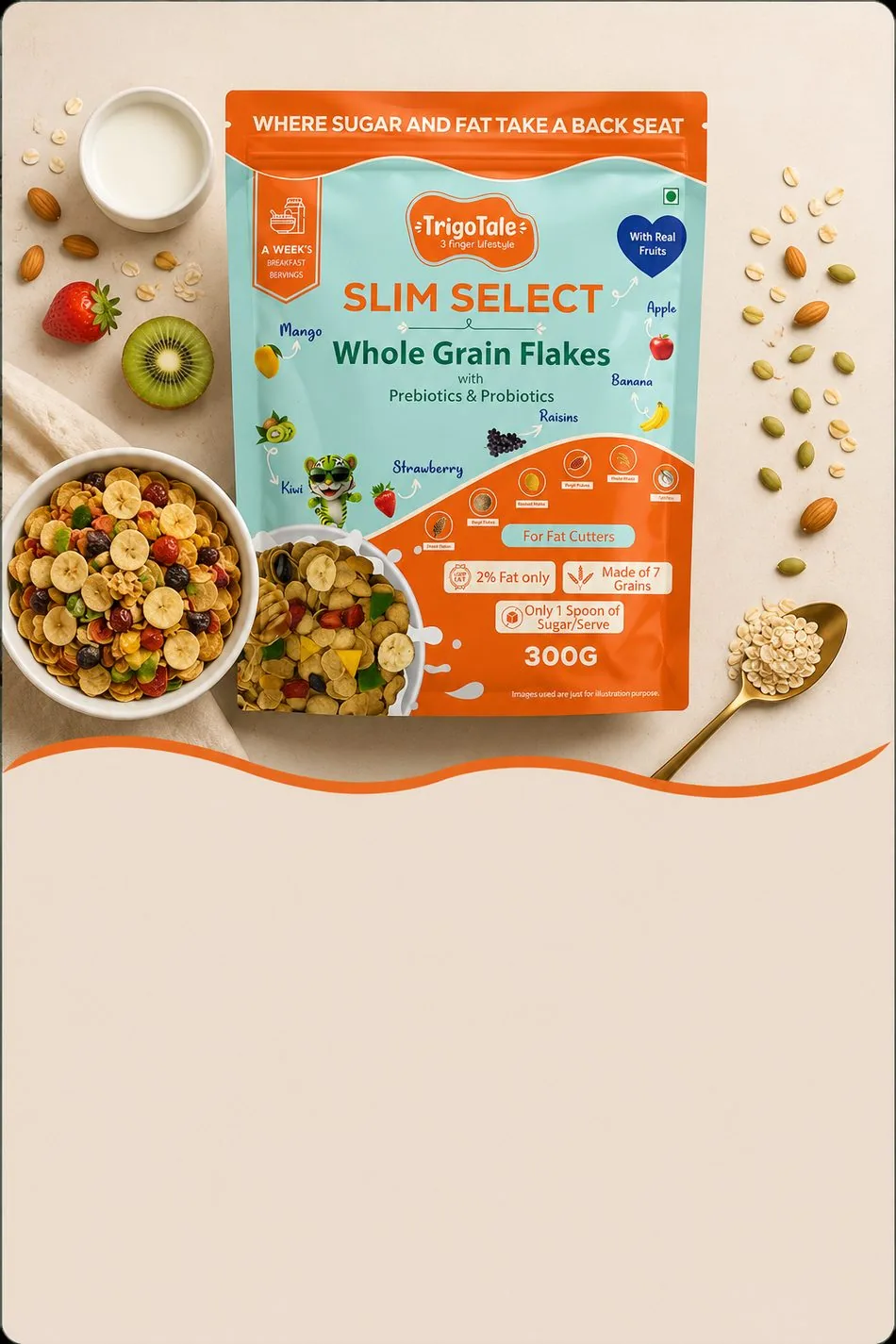 TrigoTale Slim Select whole grain flakes pack beside a bowl of cereal