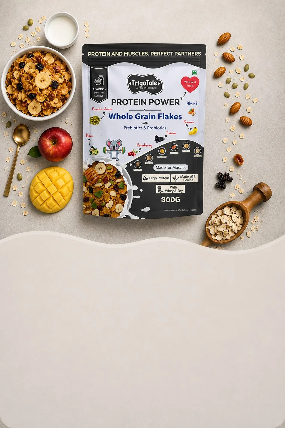 TrigoTale Protein Power whole grain flakes pack beside a bowl of cereal
