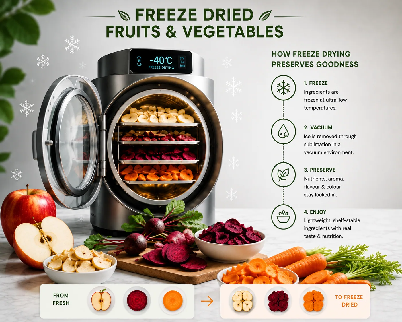 Freeze-dried Apple, Beetroot and Carrot technology benefits